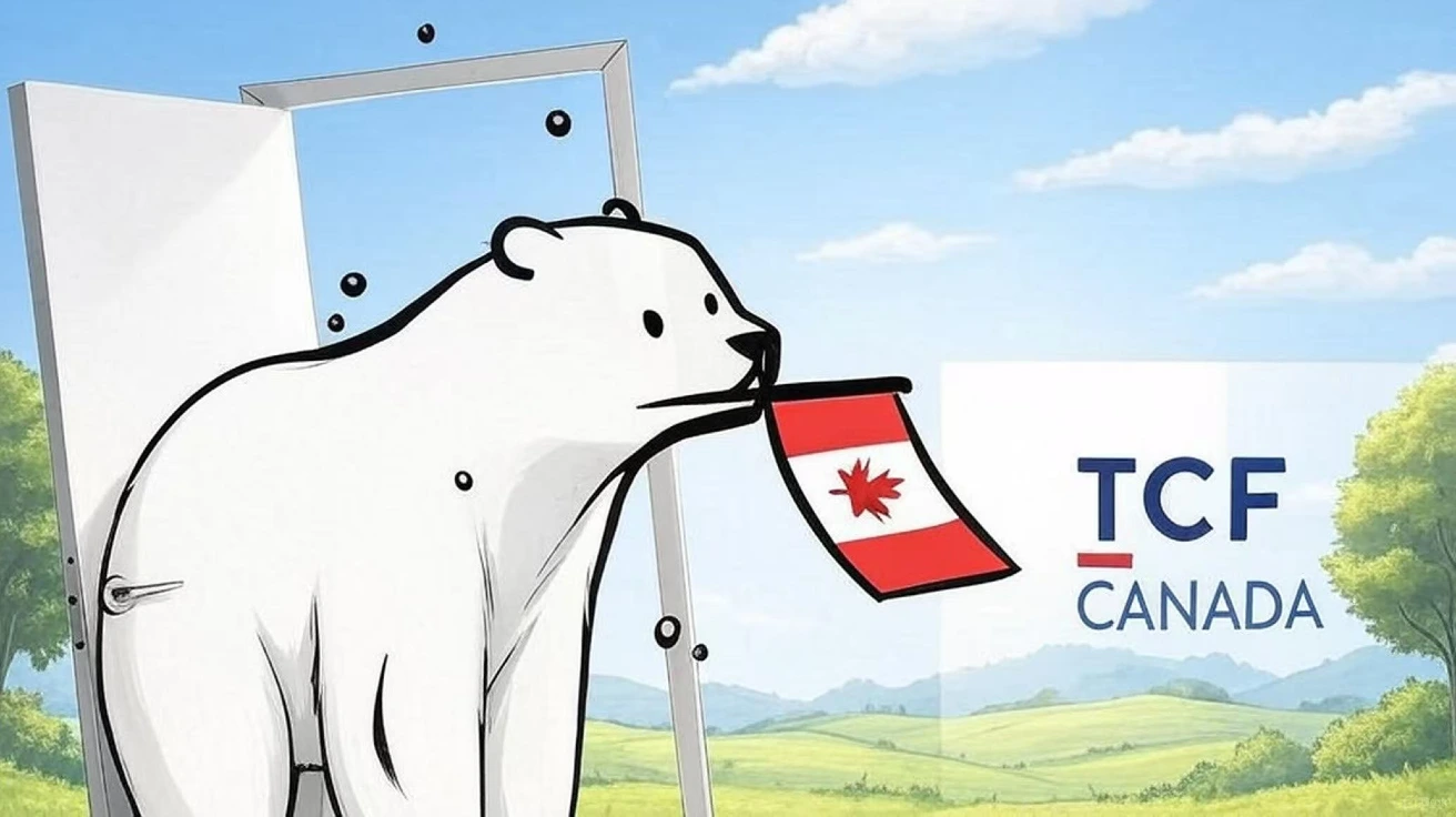 一只北极熊嘴里叼着一面加拿大国旗，正从一扇打开的门走出，背景是蓝天白云与绿色原野，旁边写有“TCF Canada”的字样。